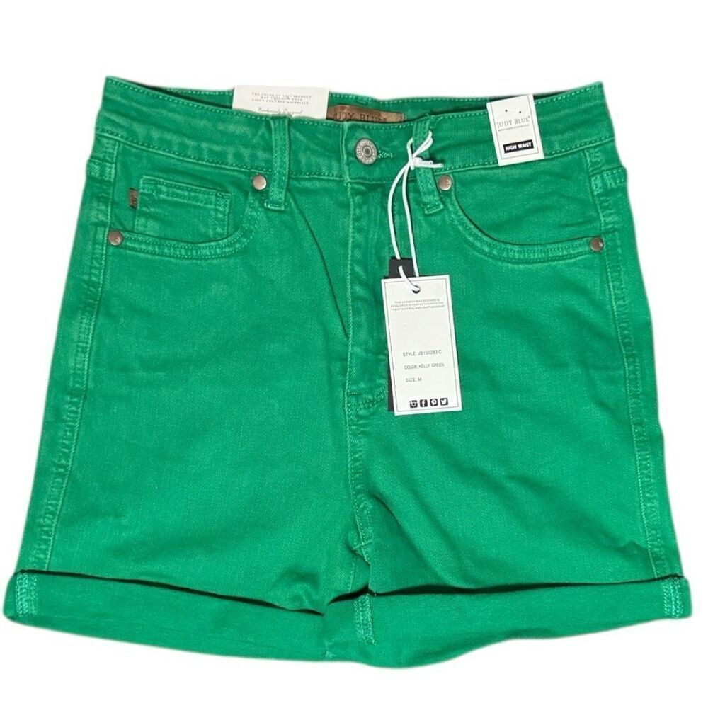 Judy Blue Shorts Green High Rise Tummy Control Cuffed Garment Dyed Stretch Denim - Picture 12 of 16